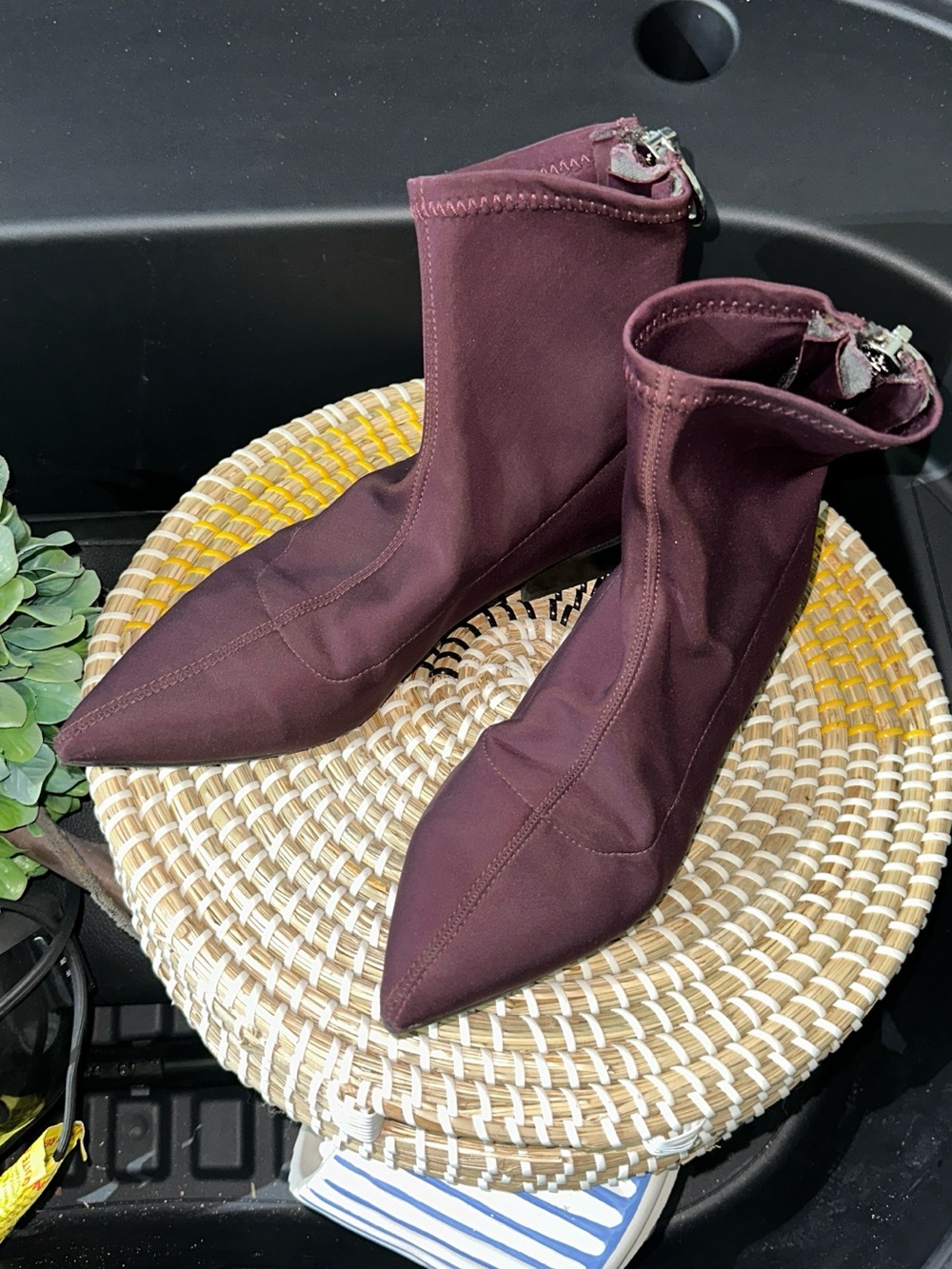 Zara Burgundy Pointed Toe Sock Ankle Boots
